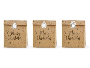 Geschenktüten Merry Christmas, Kraft, 25x11x27cm (1 VPE / 3 Stk.)