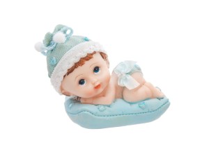 Figur Junge mit Kissen, blau, 9cm