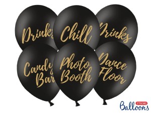 Ballons 30cm, Candy Bar, Chill, Dance Floor, Drinks, Photo Booth, Pastel Black (1 VPE / 6 Stk.)