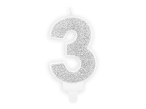 Geburtstagskerze Ziffer ''3'', silber, 7cm