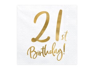Servietten 21st Birthday, weiß, 33x33cm (1 VPE / 20 Stk.)